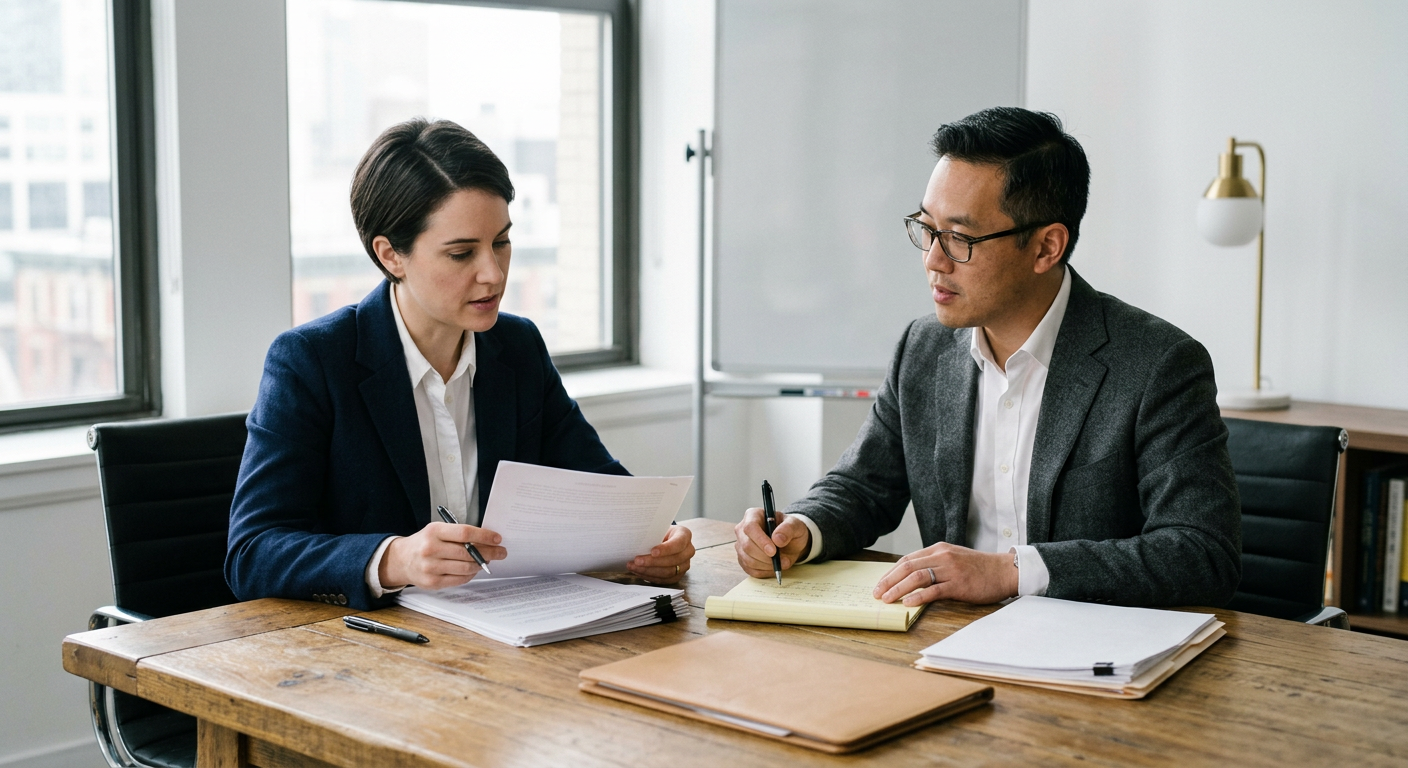 A LicentiaConseil buyer and outside counsel reviewing a negotiation dossier together at a table